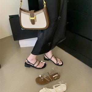 2024 Summer Korean Style Pearl Chain Toe Strap Sandals for Women French Evening Chunky Heel Roman Shoes