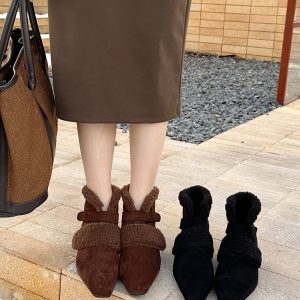 2024 New French Style Furry Short Boots for Women Winter Square Toe Lambswool Lined Chunky Heel Boots