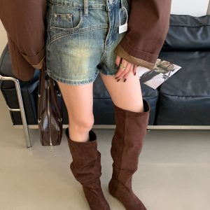 2025 New Autumn Winter Small Square Toe Invisible Height Increase Over Knee Boots Slim Fit Fashion Comfortable Riding Boots