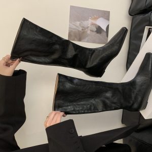 2025 New Winter Fashion High Boots for Women - PU Leather Square Toe Chunky Heel Comfortable Daily Commute Boots