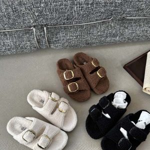 Double Buckle Classic Minimalist Faux Fur Slippers - Style ed9258