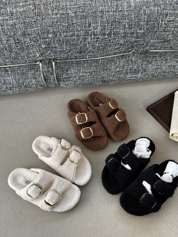 Double Buckle Classic Minimalist Faux Fur Slippers - Style ed9258