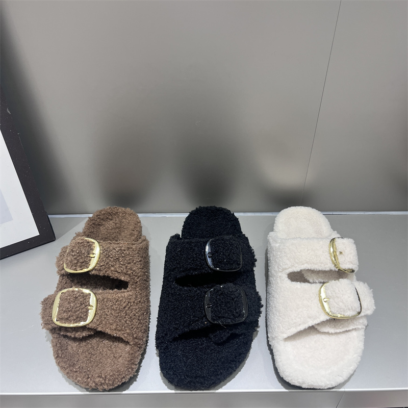 Double Buckle Classic Minimalist Faux Fur Slippers - Style ed9258 - Image 2