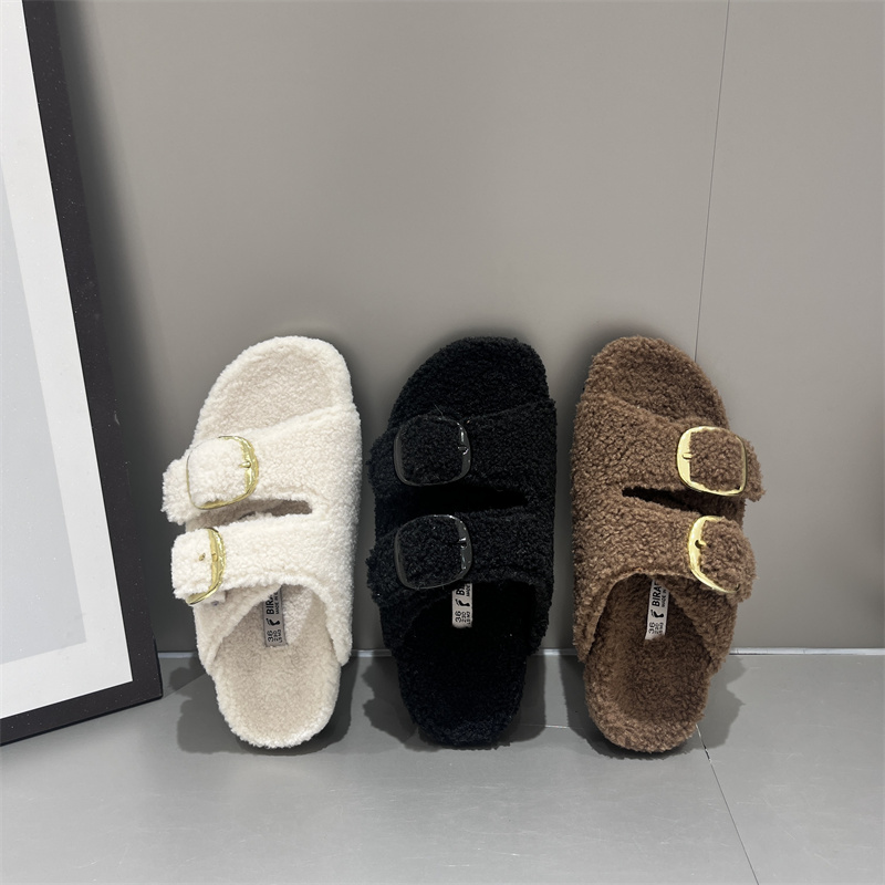 Double Buckle Classic Minimalist Faux Fur Slippers - Style ed9258 - Image 3