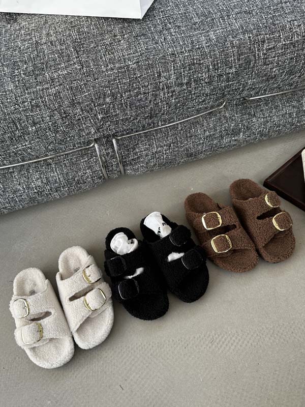 Double Buckle Classic Minimalist Faux Fur Slippers - Style ed9258 - Image 4