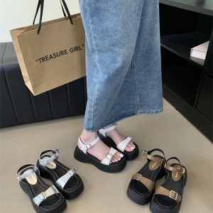Korean Style Women's Platform Sandals 2024 Summer Street Buckle Strap Thick Sole Wedge Shoes
