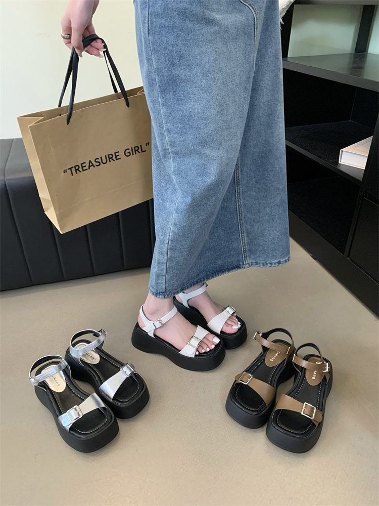 Korean Style Women's Platform Sandals 2024 Summer Street Buckle Strap Thick Sole Wedge Shoes