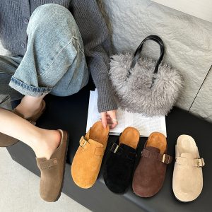New Korean Style Women's Closed Toe Suede Slippers Low Heel